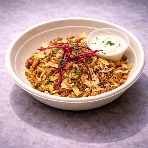 Beef loaded quinoa served with tahini sauce and pine nuts